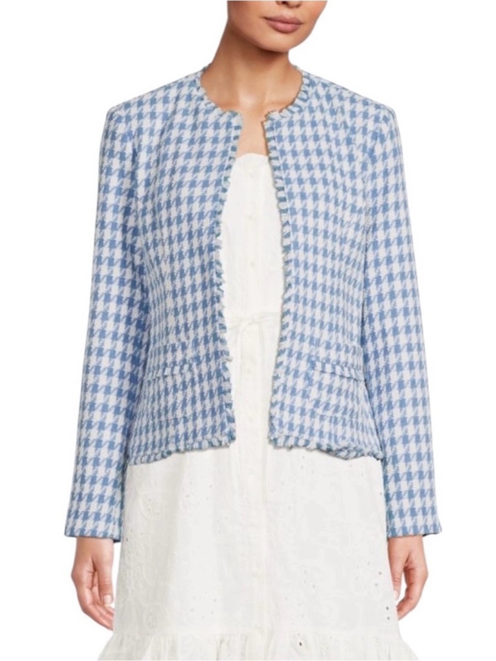 Nanette Lepore Sky Blue & White Houndstooth Open Front Blazer